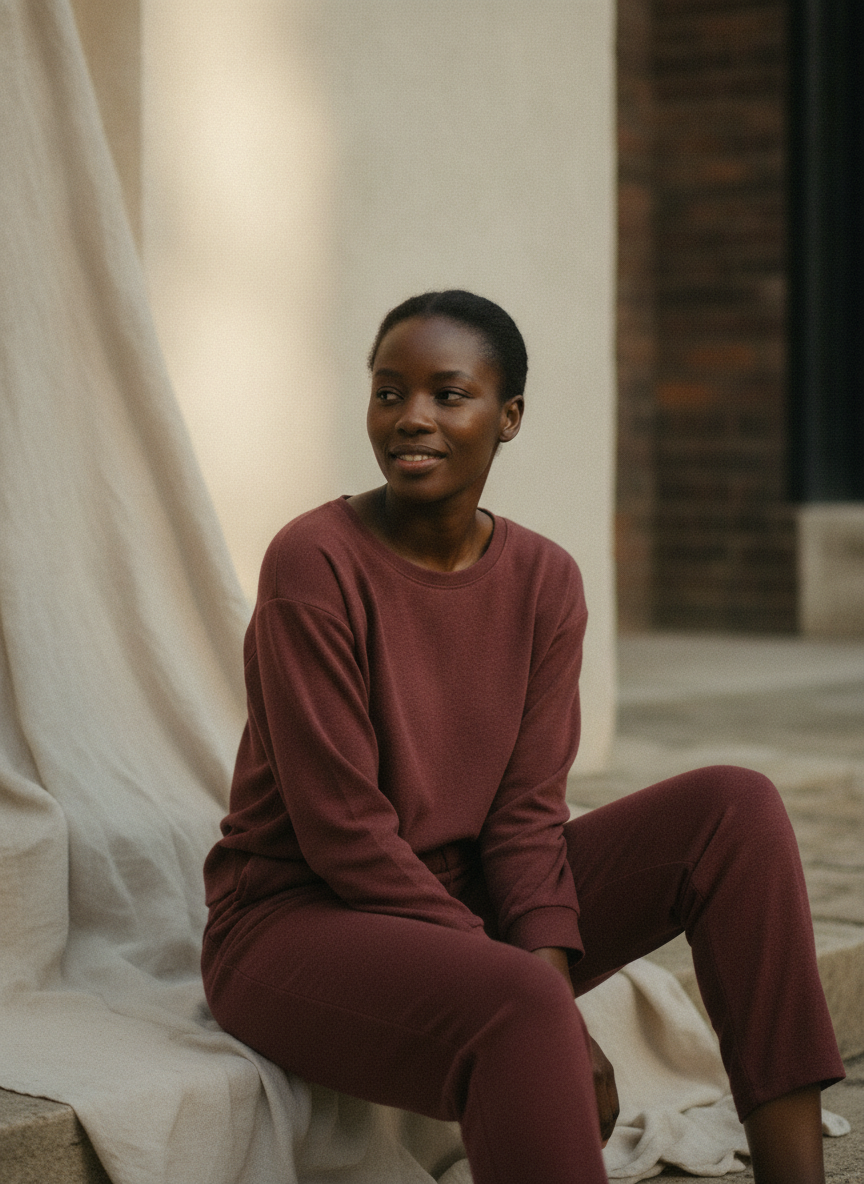 A woman in oxblood linen sitting on stone steps in late light, looking just past the camera.