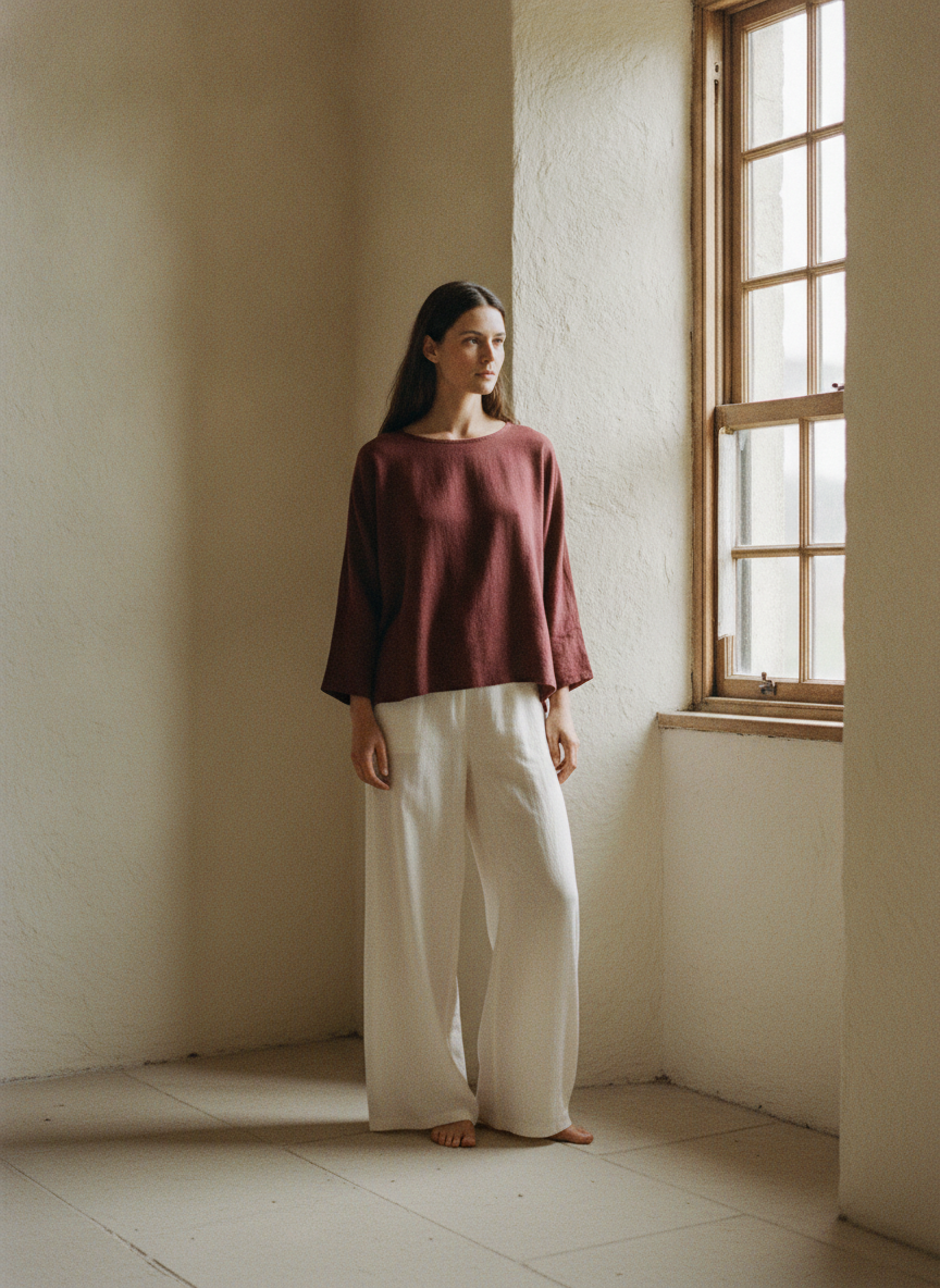 A calm full-length portrait in an ivory room.