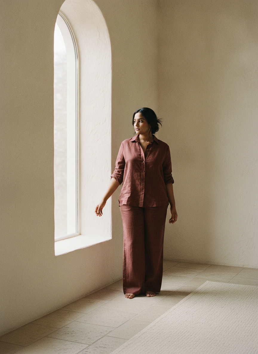 Full-length portrait by a window, head and feet in the frame.