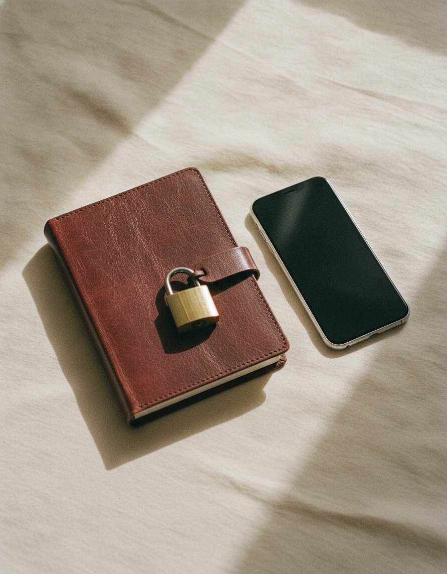 A locked leather journal beside a phone lying face-down.