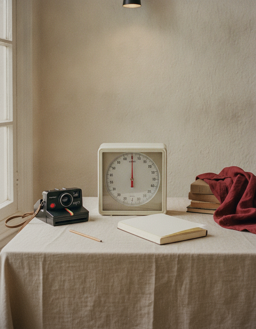 An analog scale, a Polaroid camera and a notebook arranged on linen.