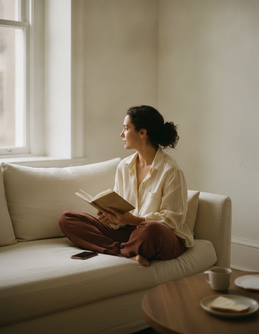A person with a private notebook in a sunlit room, phone face-down on the sofa.