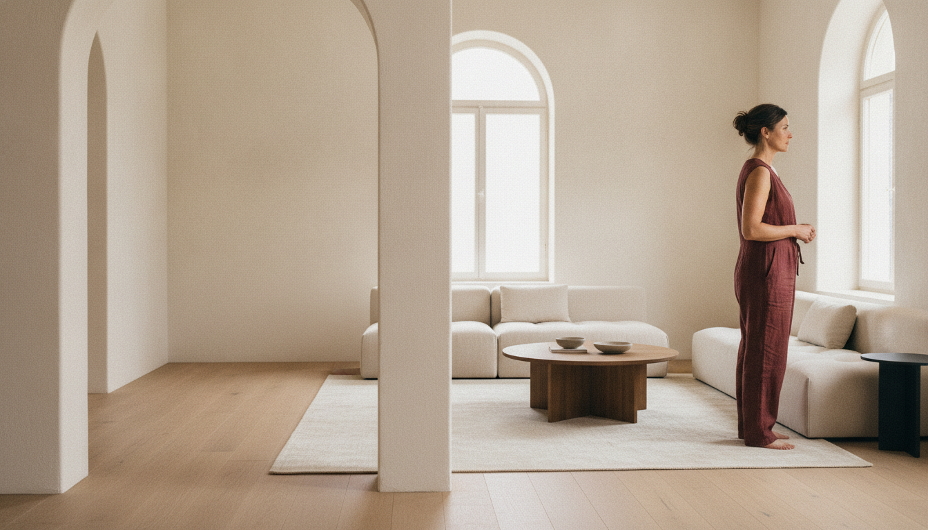 A wide editorial interior with room for a person at the edge of the frame.